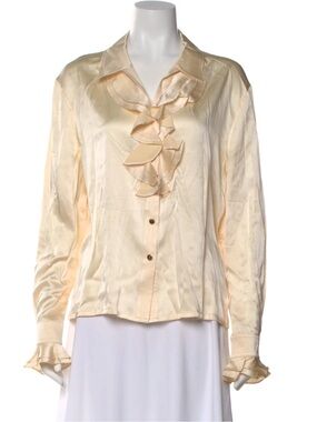 St. John Cream Ruffle-Front Satin Dress Shirt